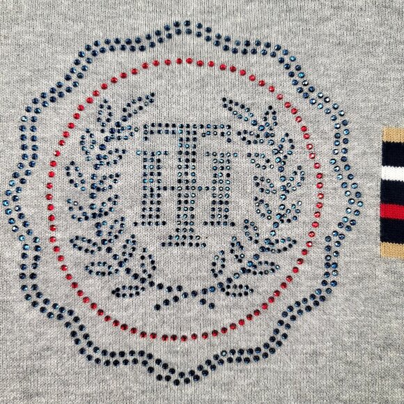 Tommy Hilfiger Womens XL Gray Crewneck Sweatshirt Striped Studded Logo - Picture 2 of 9